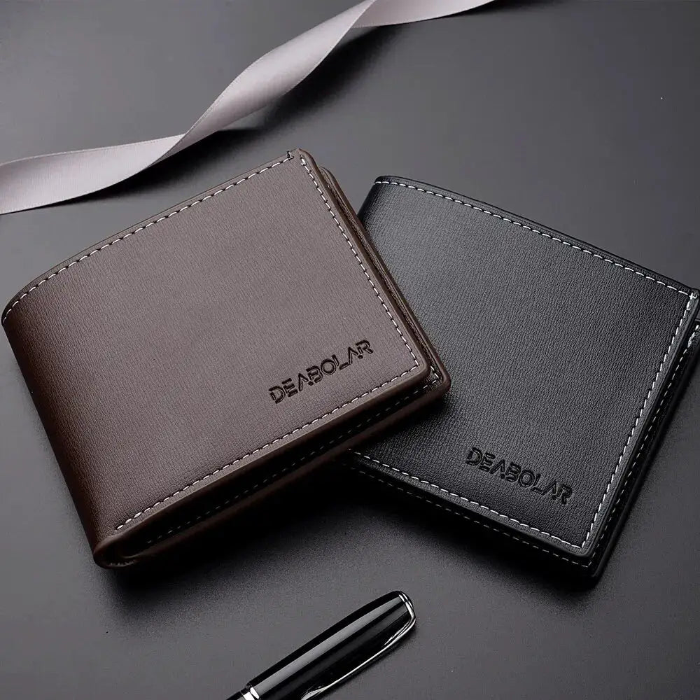 Two PU leather men’s short bifold cardholder wallets in brown and black with DEABOLAR branding