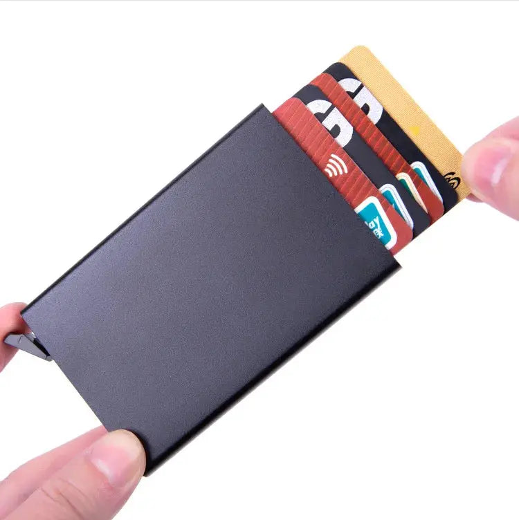 Simples Market RFID card holder; metal slim wallet in black with pop-up card access
