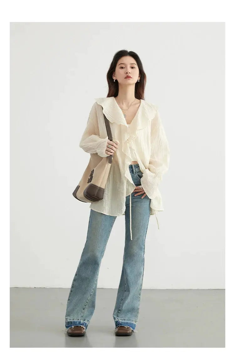 CHIC VEN women's loose cream blouse with ruffled edges, V-neck lace-up detail