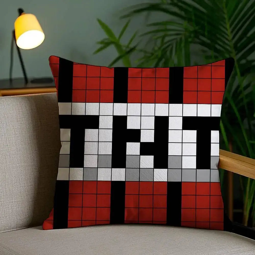 Pillow cover by Simples Market, short plush TNT block pixel design in red, white and black.