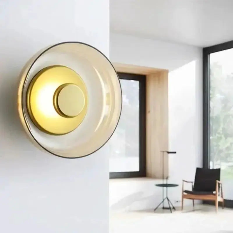 Simples Market Nordic LED Glass Wall Sconce; gold circular glass fixture for bedrooms and living rooms.