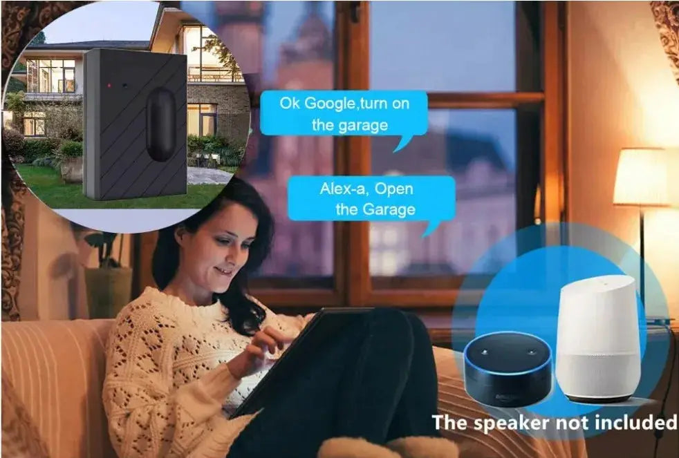 Simples Market smart garage door opener; Alexa & Google Assistant compatible; shown with garage unit and white speaker.