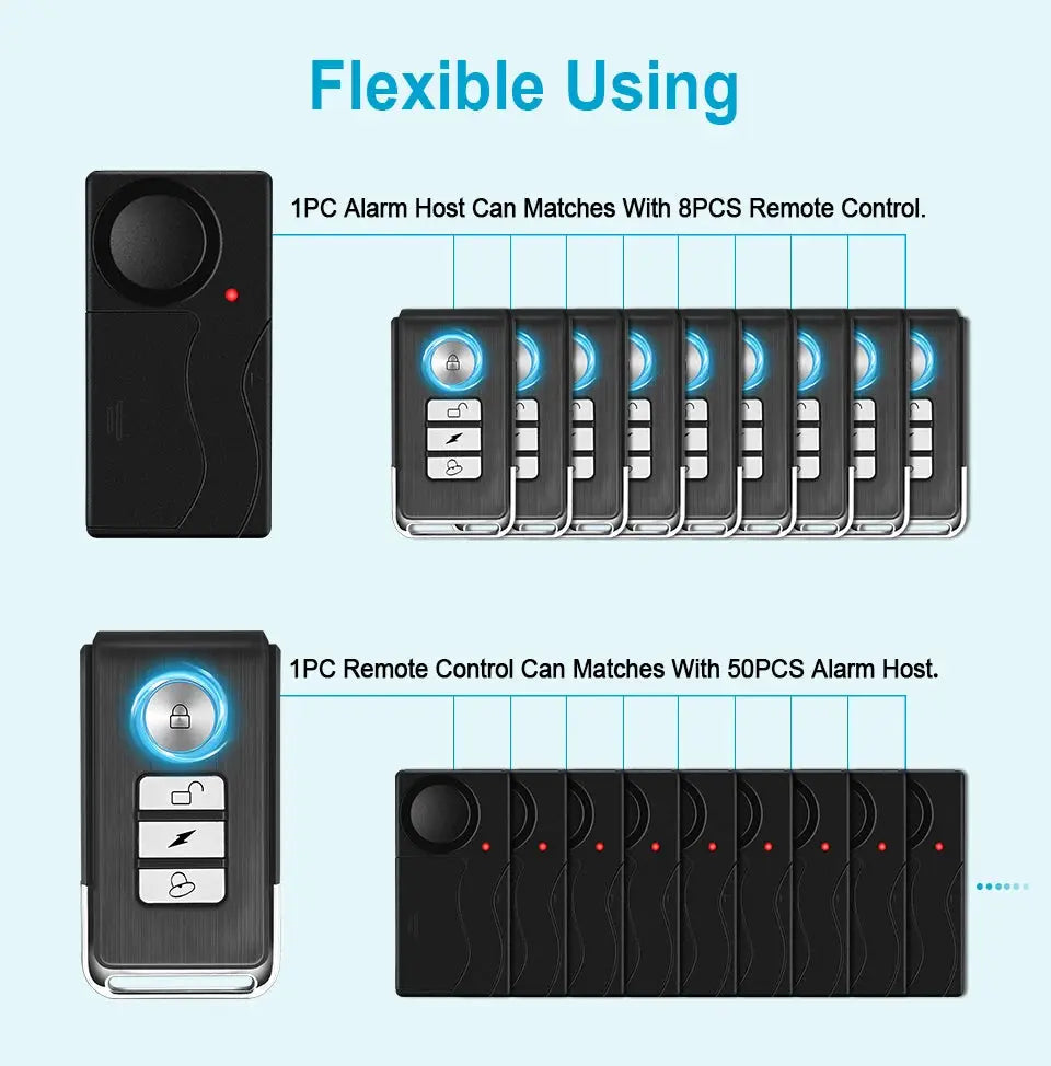 Simples Market black wireless vibration alarm system with remote controls; kit includes 8 remotes and 50 alarm hosts