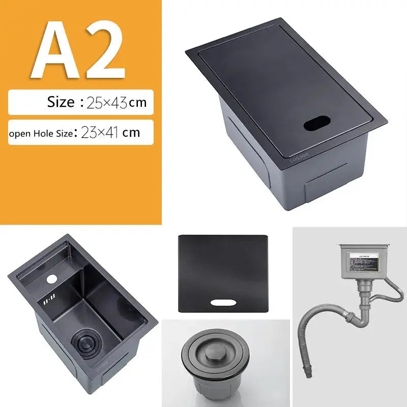 Black stainless steel concealed single-bowl kitchen sink by Simples Market; compact size with cover plate and drain