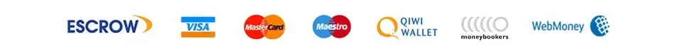 Payment method logos: Escrow, Visa, MasterCard, Maestro, QIWI Wallet, moneybookers, WebMoney