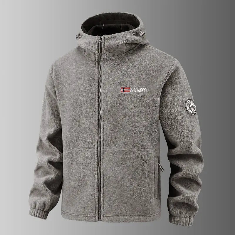 Men's fleece hooded jacket by Simples Market, gray windproof fleece with front zip and Norwegian flag chest patch.