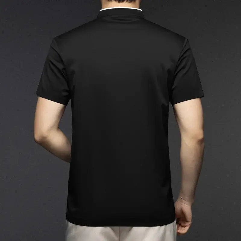 Men's black polo shirt, short sleeves, solid color with stand-up collar, back view