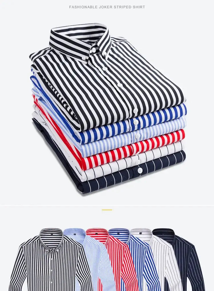 Men's striped shirt set with black/white, blue, red, white, and navy long-sleeve slim-fit options