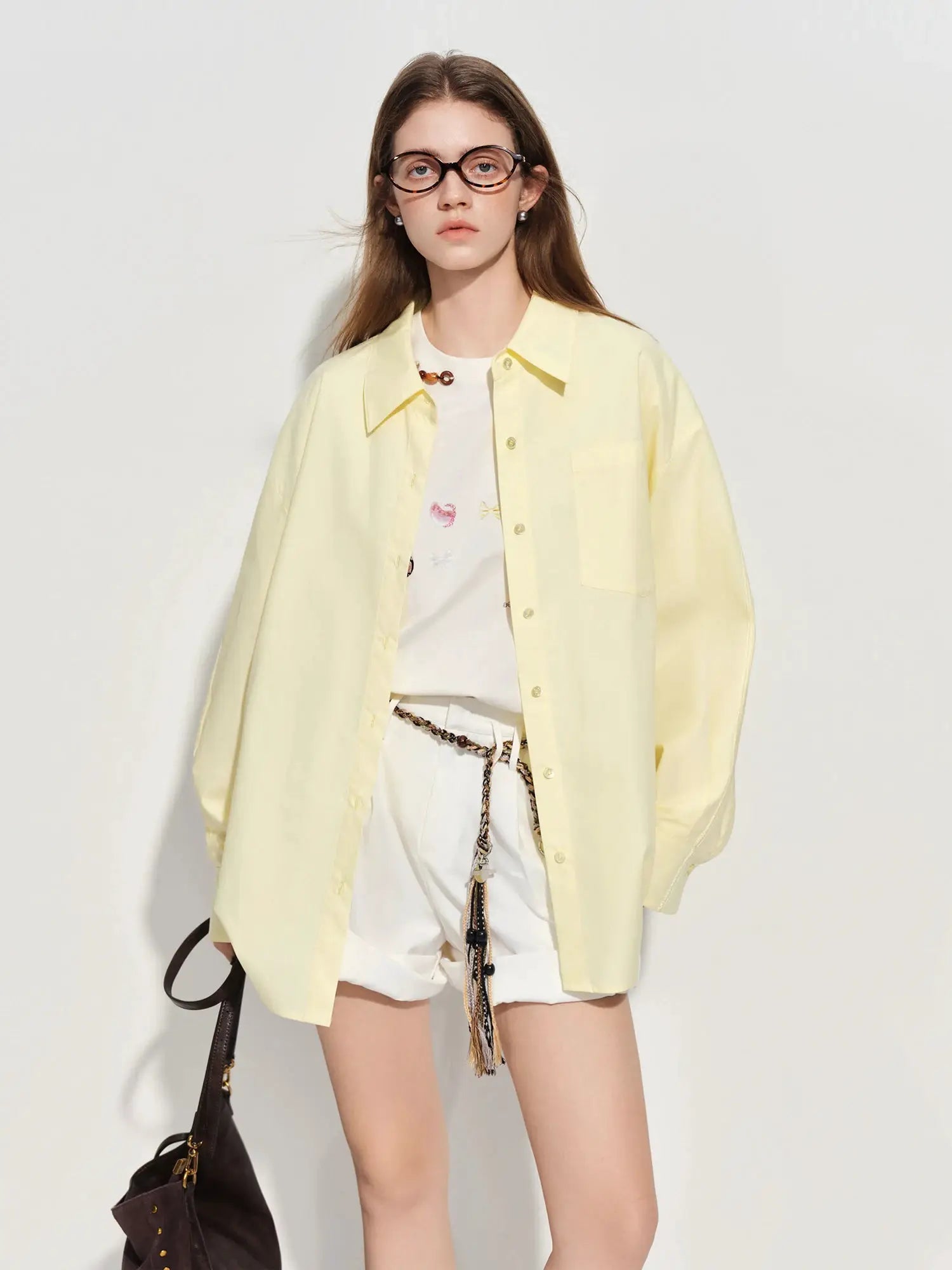 FSLE Premium Series women's oversized pale-yellow cotton shirt, long-sleeve button-down layering top