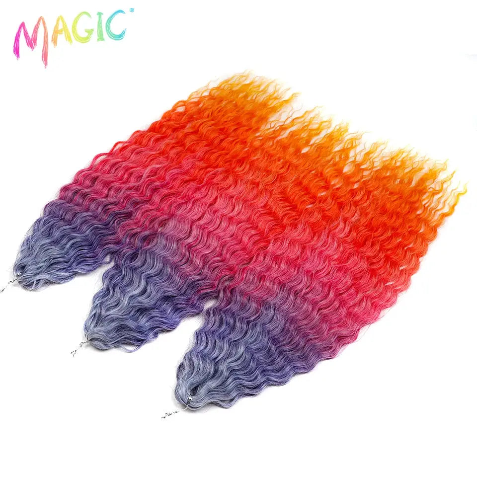 Magic Ariel Curl water-wave crochet hair extensions, three ombre bundles orange to purple, 22in, Simples Market
