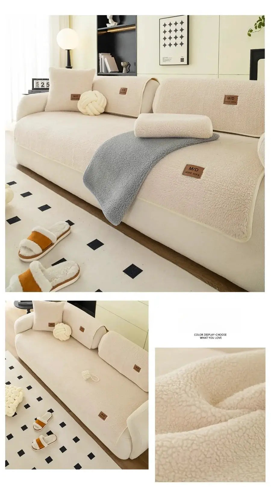 Solid sherpa anti-slip sofa slipcover in beige with PU label decor for living room