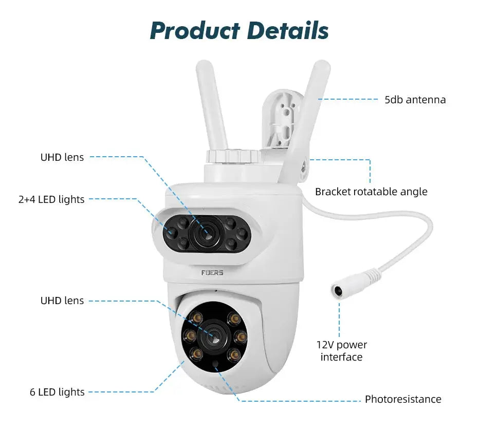 FUERS 5K 10MP dual-lens outdoor IP camera, white wireless CCTV with auto-tracking and two antennas
