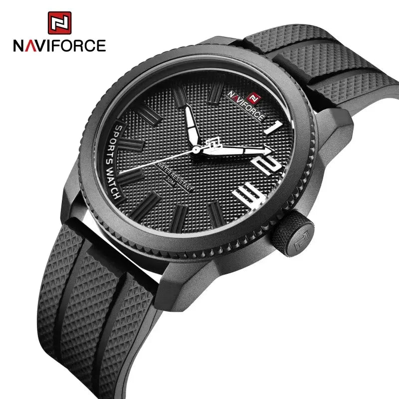 NAVIFORCE men's quartz sports watch with black textured dial and silicone strap, water resistant 30M