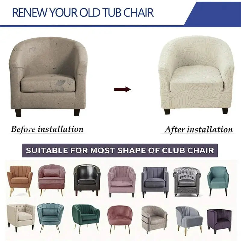 Elastic club chair cover with leaf jacquard pattern; cream single-arm slipcover for most club chairs