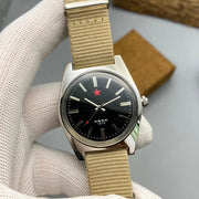 Men's mechanical watch 36mm, stainless steel case, black dial with red star, beige nylon strap, Simples Market 7120