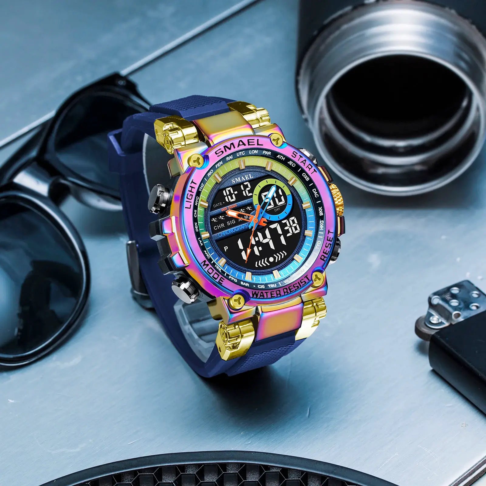 SMAEL 8141 men's digital sport watch with rainbow alloy case and blue TPU strap, 50M water resistant