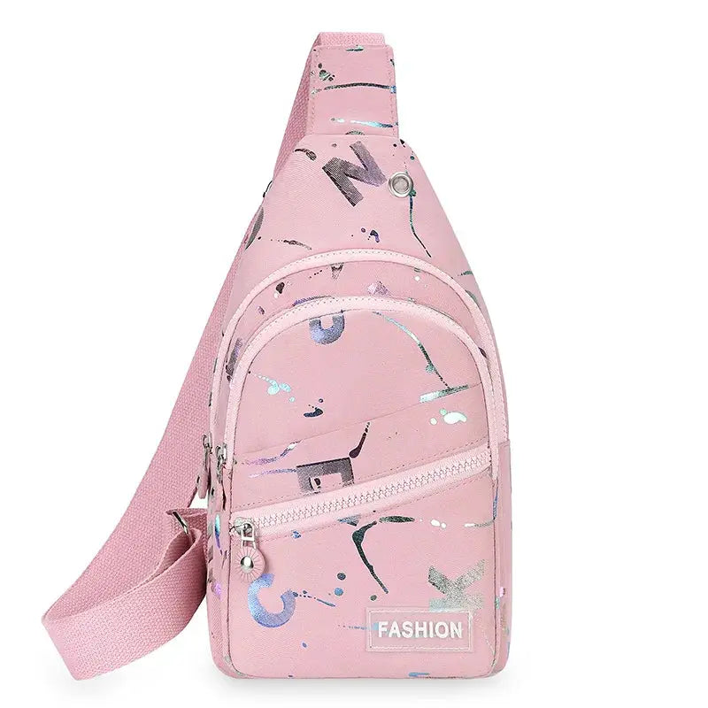 Simples Market pink chest bag crossbody sling backpack with abstract print and front pockets