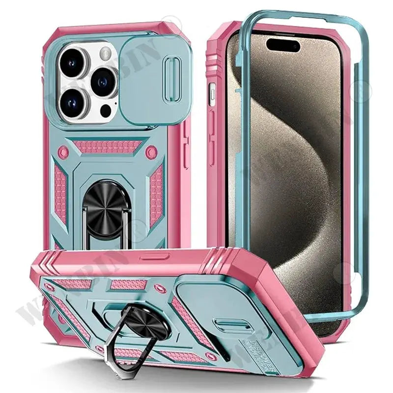 Phone case Simples Market heavy-duty pink and teal with 360° kickstand and camera protection