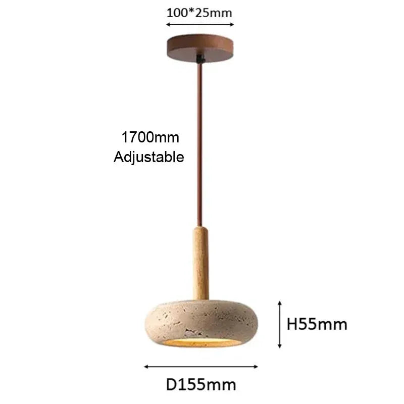 Wabi Sabi circular yellow stone LED pendant lamp with wooden stem and ceiling mount; 1700mm adjustable cord