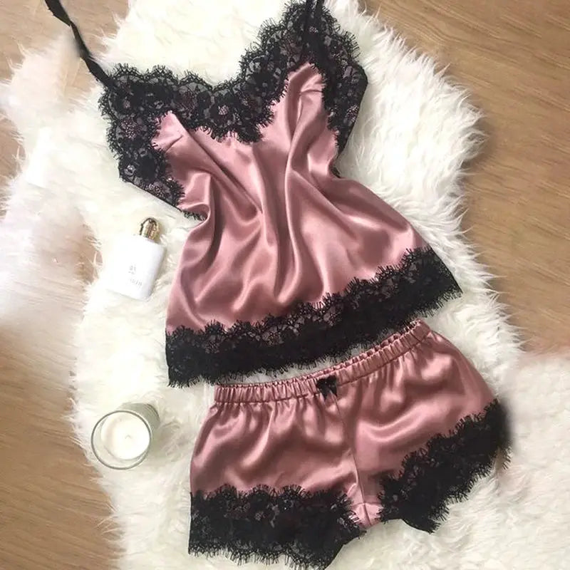 Satin Cami Set And Shorts Nightwear With Lace Trim Breathable For Warm Spring And Summer Nights