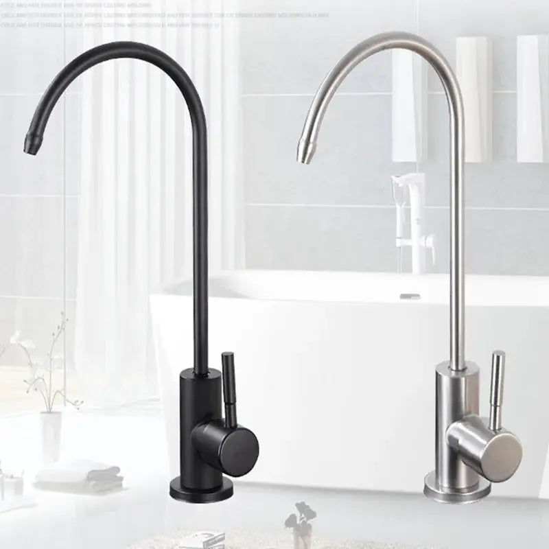 Simples Market 2 stainless kitchen water purifier faucets with rotatable spouts in black and brushed finishes