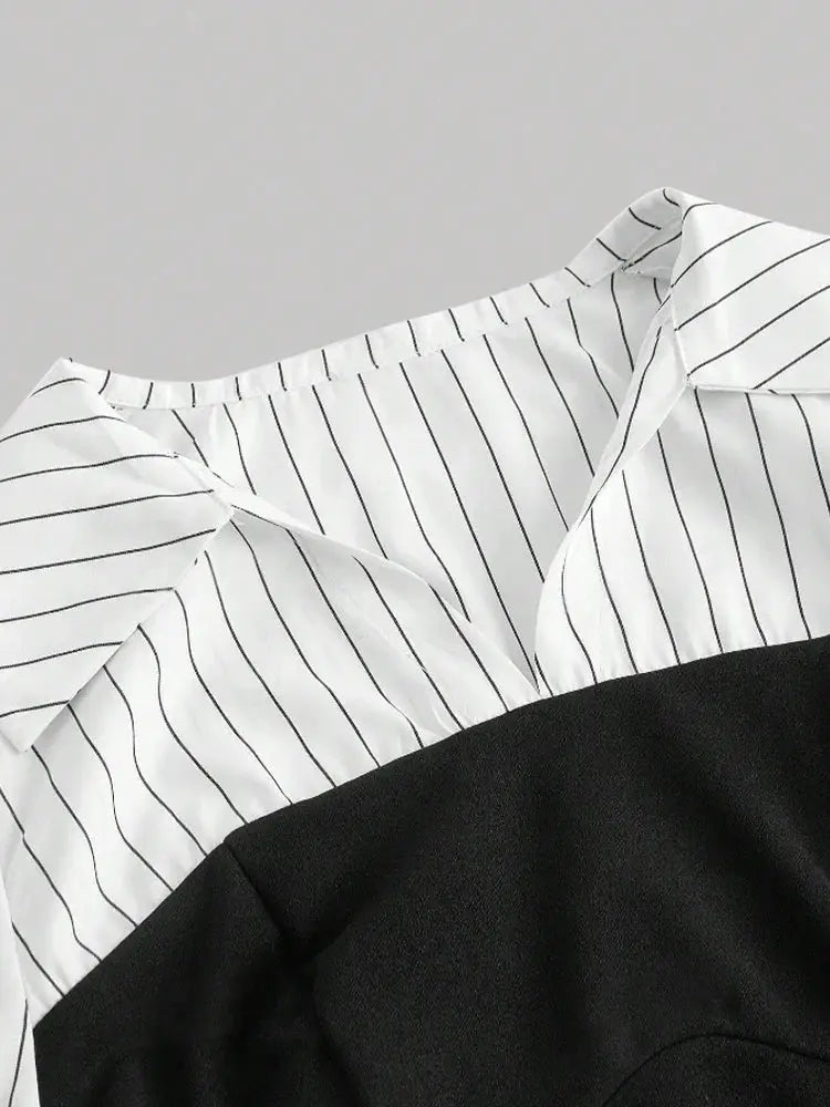 Women's striped spliced lapel shirt by Simples Market, white with black vertical pinstripes