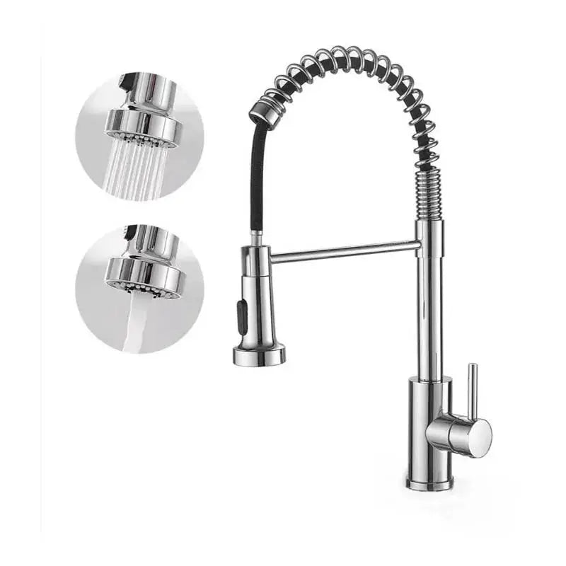 Chrome pull-down kitchen faucet by Simples Market with flexible spring neck and dual swivel spout; deck mount