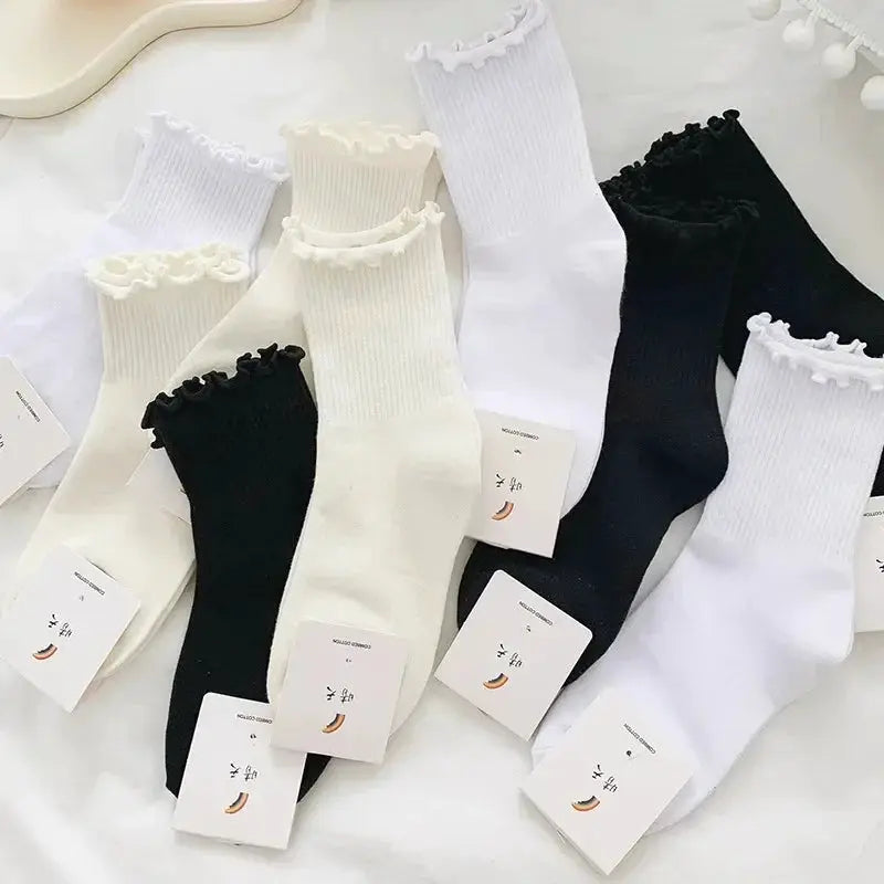 Cotton Ruffles Ankle Socks For Women Lolita Kawaii Korean Style Spring Black White 1 3 5 Pairs