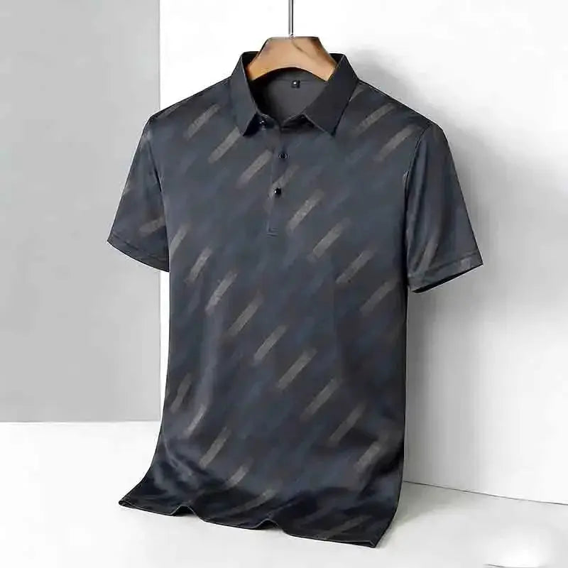 Men's polo shirt with short sleeves, dark diagonal striped print, hanging on a wooden hanger