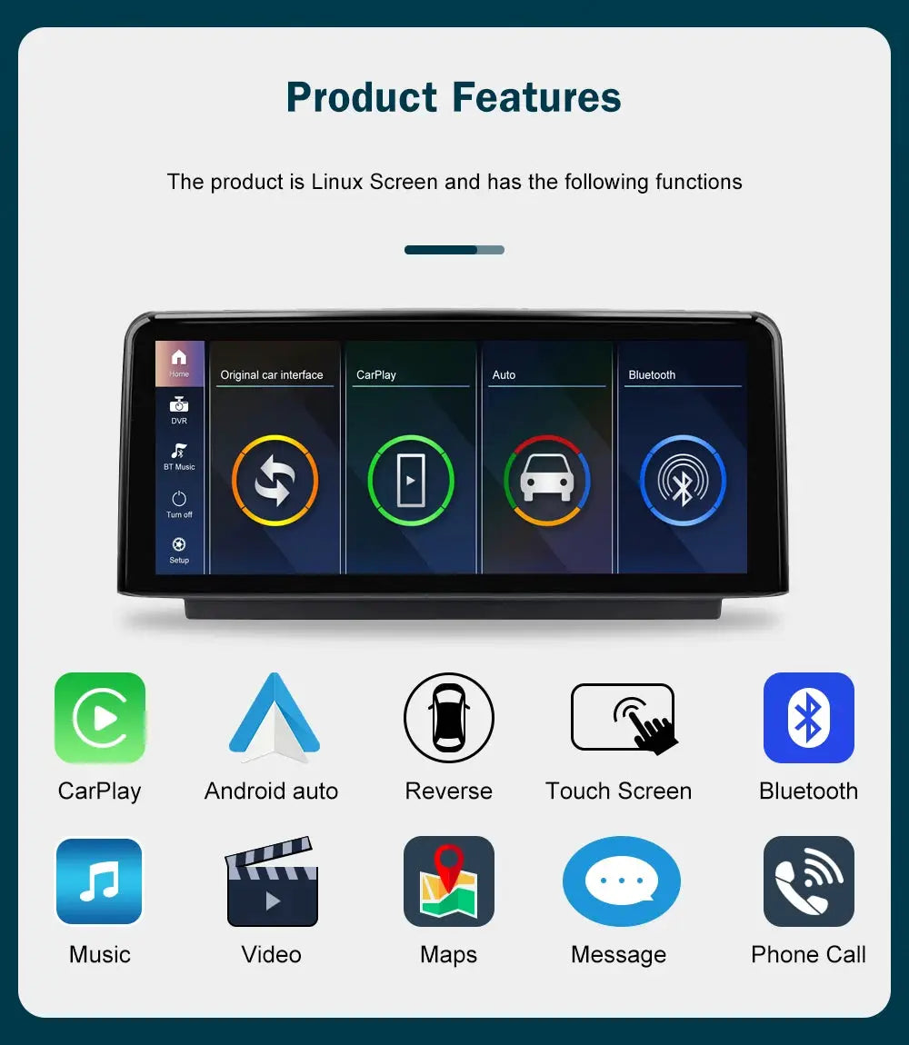 Wireless CarPlay Android Auto multimedia display for BMW 1/2/3/4 Series, black in-dash touchscreen (10.25-12.3 inch)