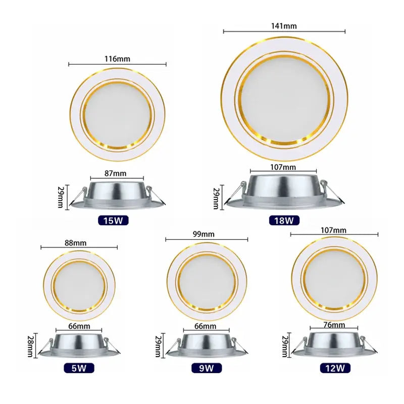 Five round recessed LED ceiling downlights in white with gold trim (5W, 9W, 12W, 15W, 18W)