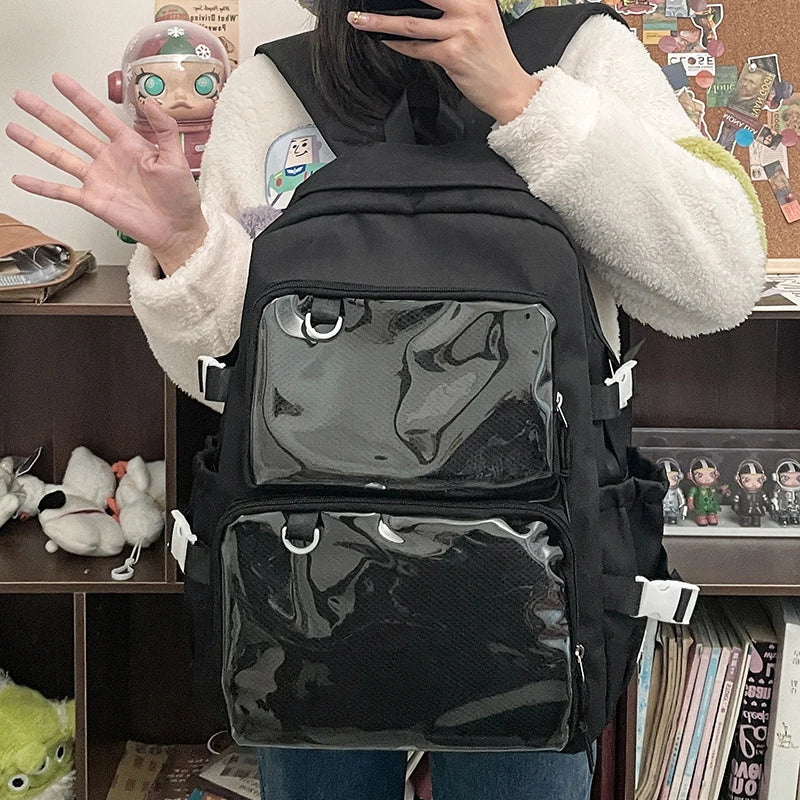 Japanese-style transparent ita bag backpack by Simples Market with clear front pockets and large capacity, black