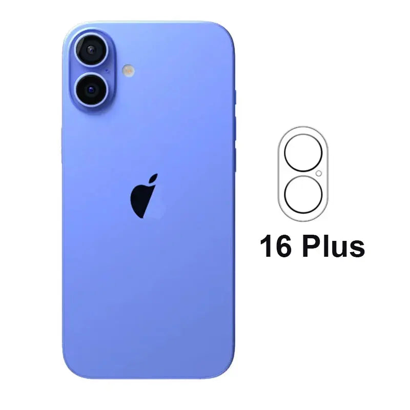 Camera lens protector set for iPhone 16 Plus, tempered-glass shields shown beside a blue iPhone back