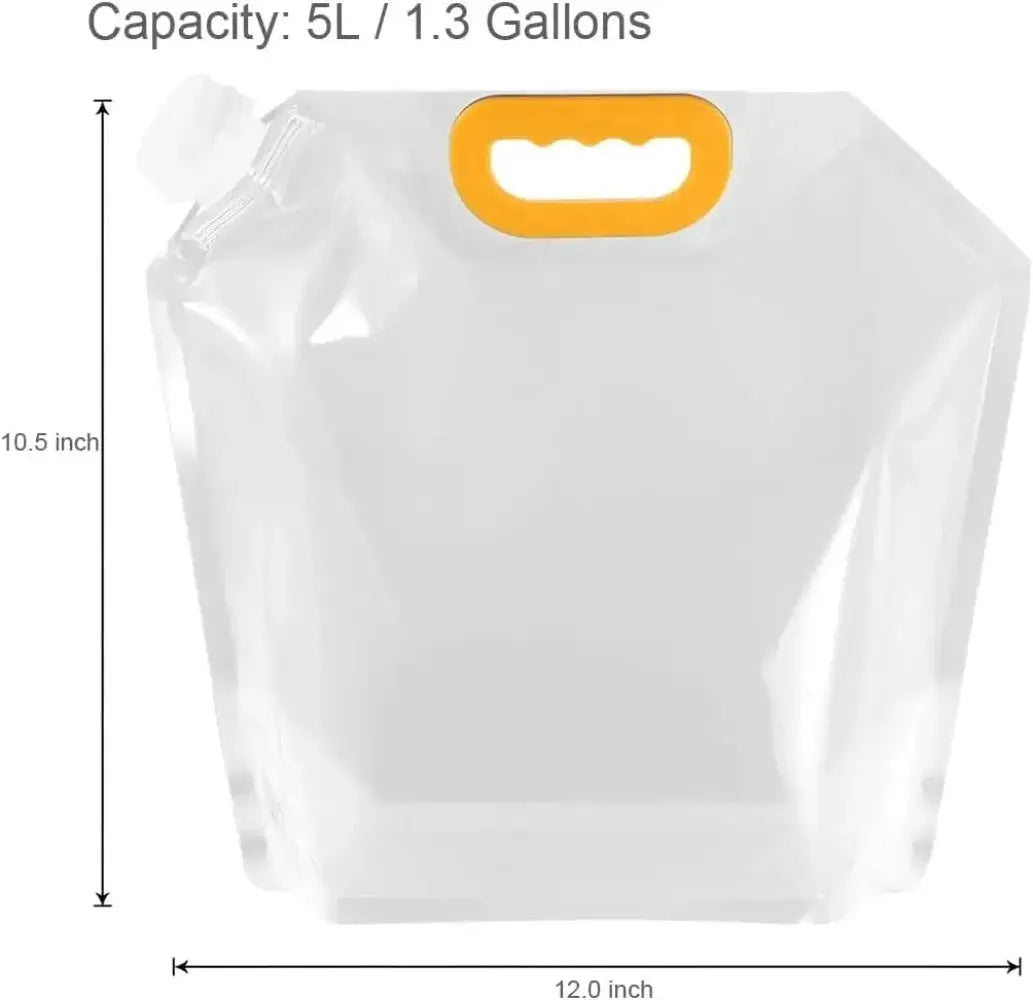 Simples Market 5L portable water bag with orange handle, foldable water container.