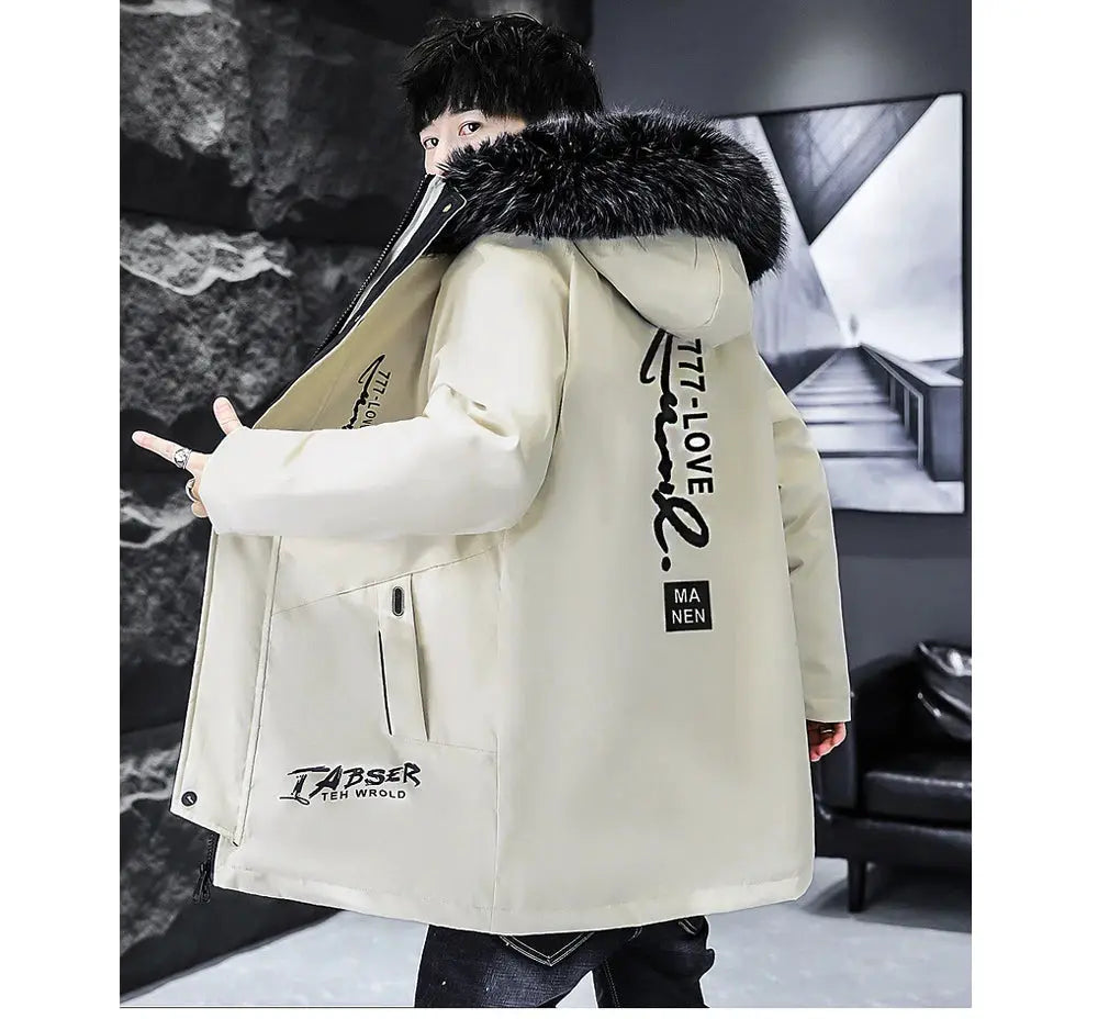 Winter men's long down jacket in beige with black fur-trim hood, front zip, side pockets, and graphic back print.