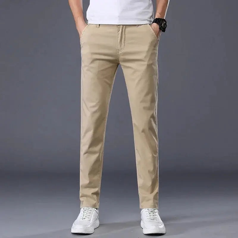 Summer thin men's casual pants beige cotton, straight slim fit