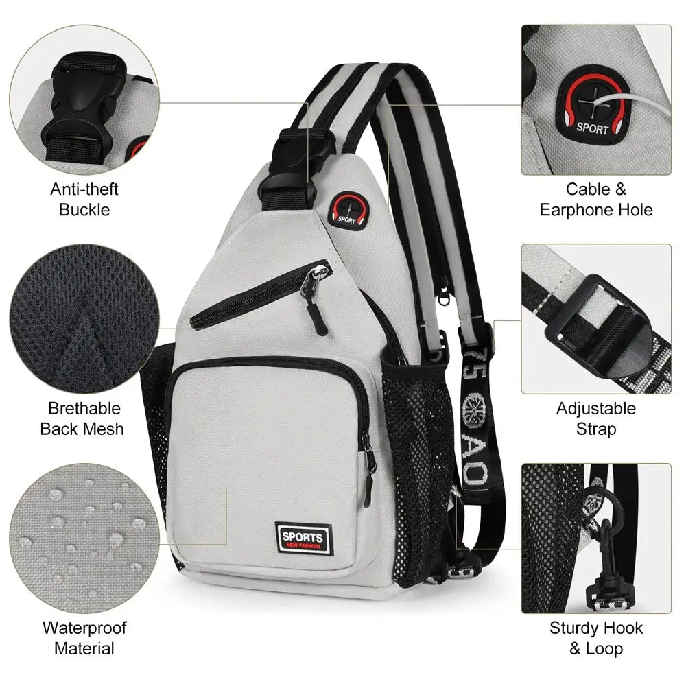 Women’s chest bag backpack in gray Oxford fabric with earphone hole, anti-theft buckle and breathable back mesh