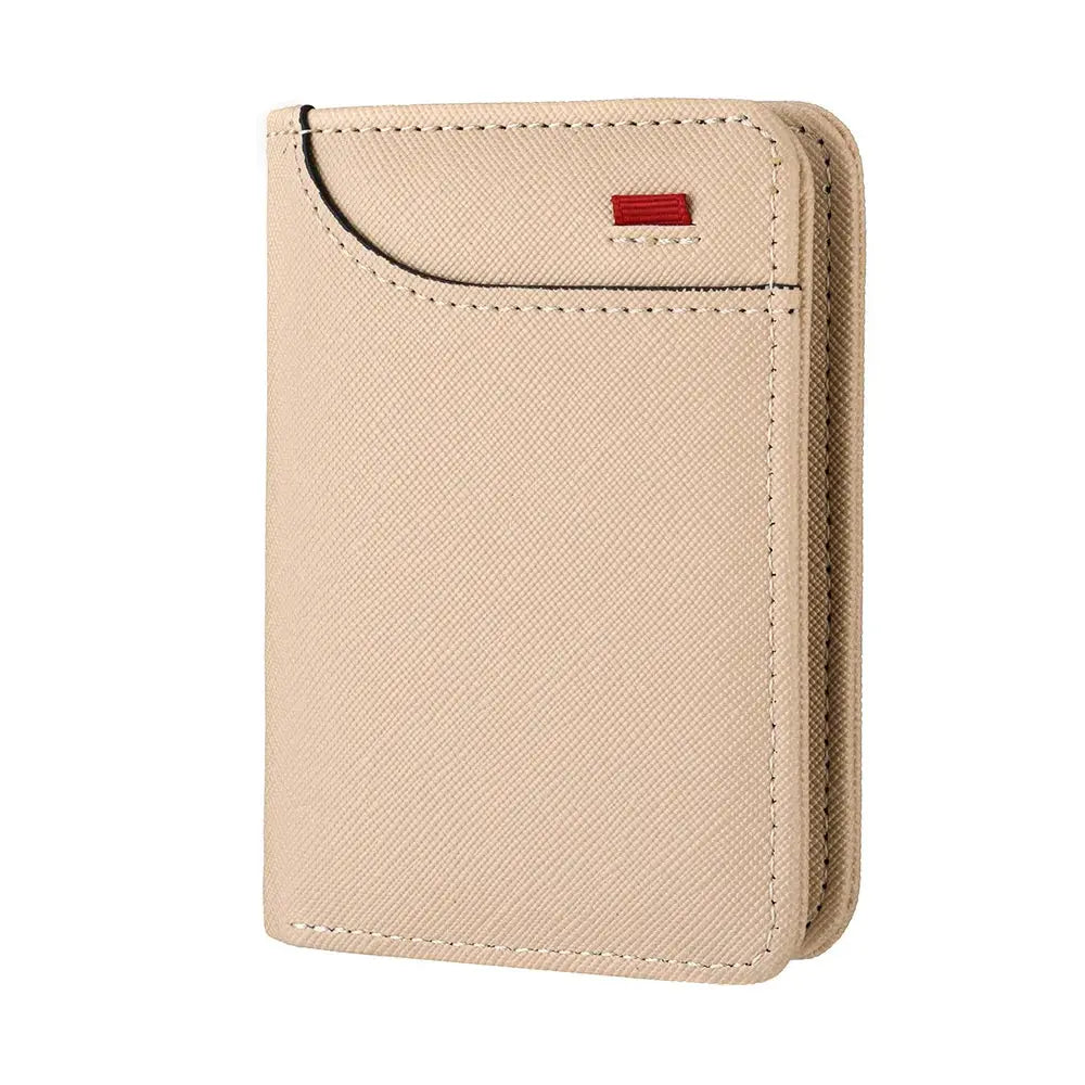 Men's beige vertical card wallet with curved top slot; compact card holder