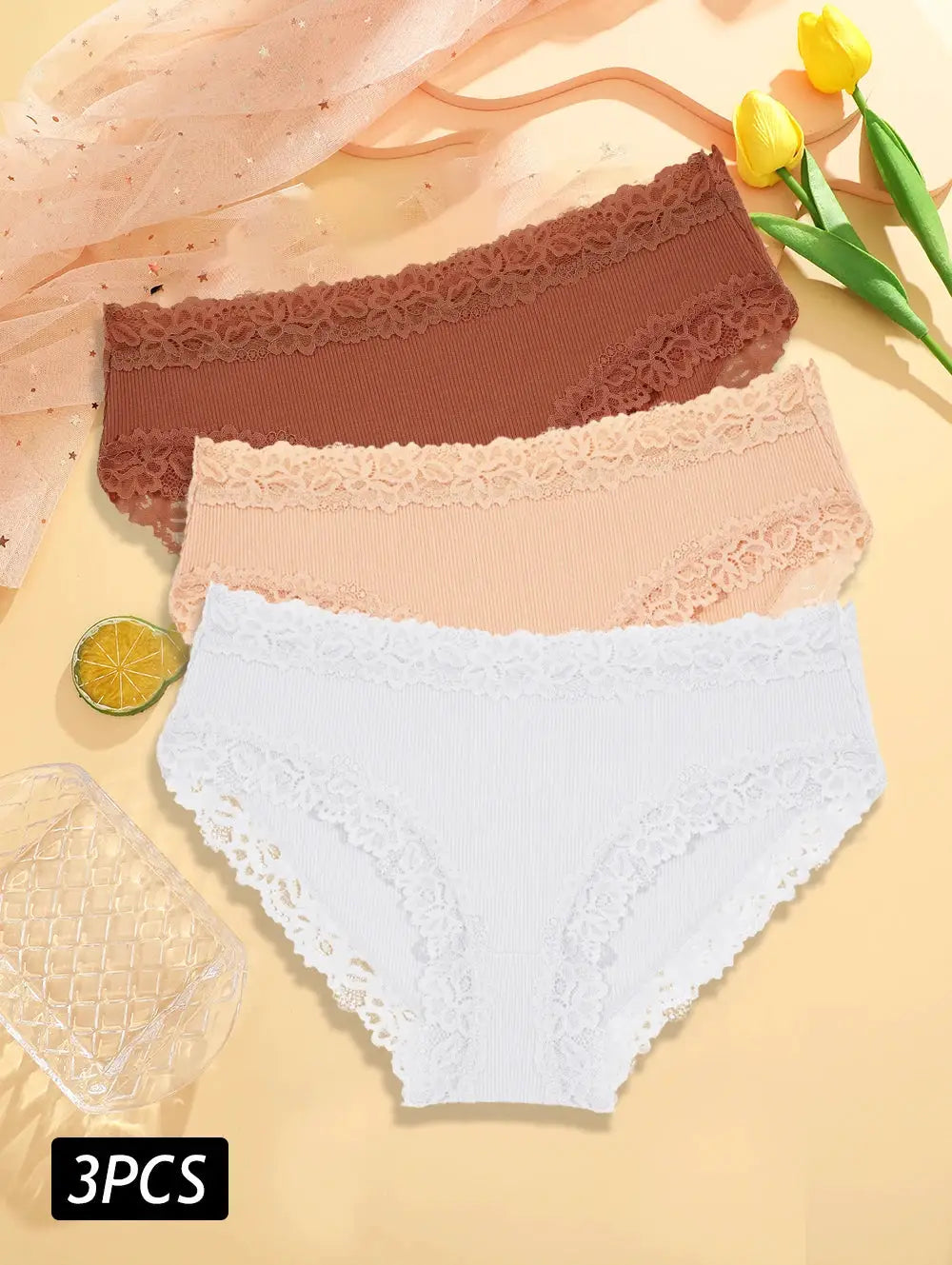 3-piece lace cotton panties set by Simples Market in brown, peach, and white with floral lace trim