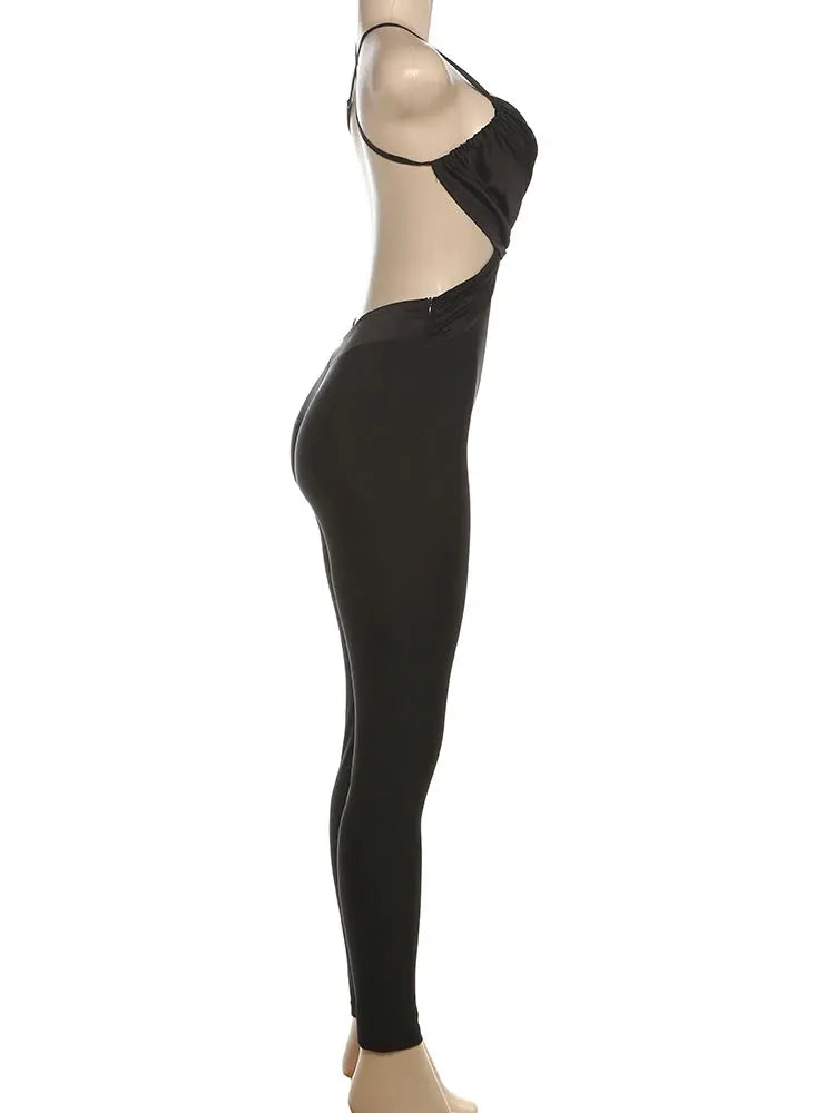 kliou cross-pleated backless jumpsuit, silky black one-piece for party and clubwear