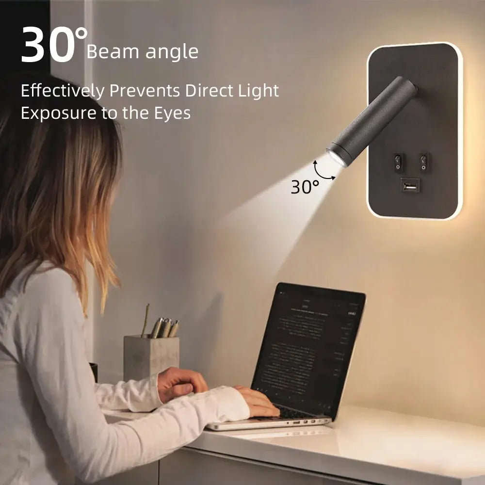 Chargeable USB wall lamp with rotatable head, black finish; bedside LED wall sconce.