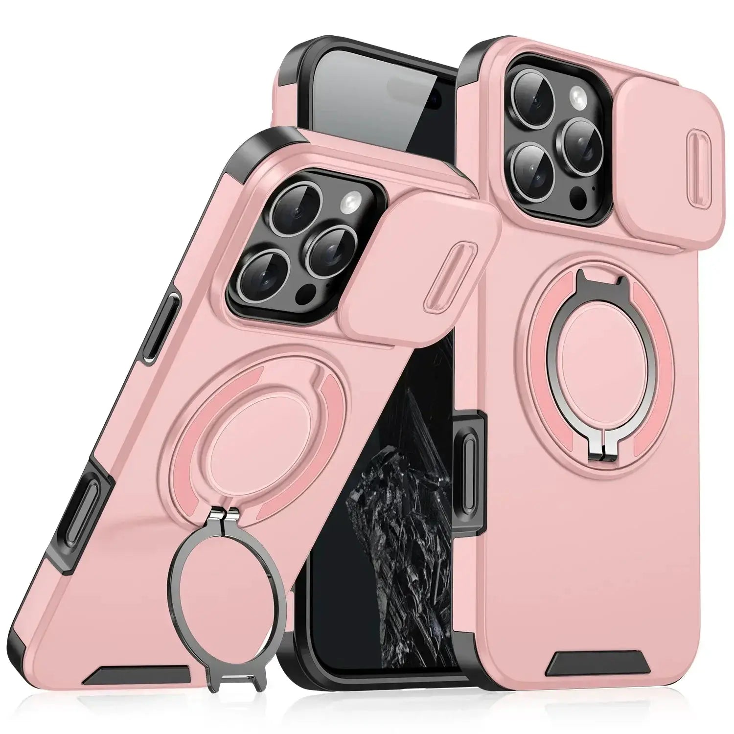 Simples Market pink rugged magnetic phone case with built-in ring stand and camera protection for iPhone.