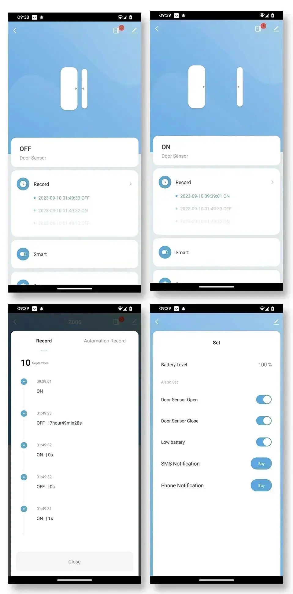 Tuya WiFi Zigbee Door Sensor app interface screenshots by Simples Market showing ON/OFF, event records, and settings