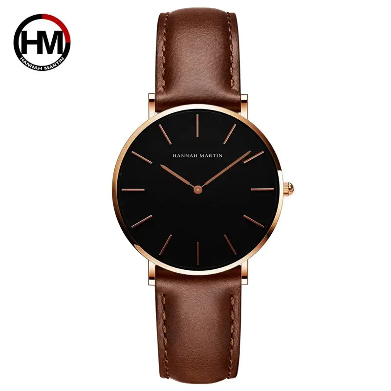 Hannah Martin women's wristwatch, black dial, rose gold case, brown leather strap