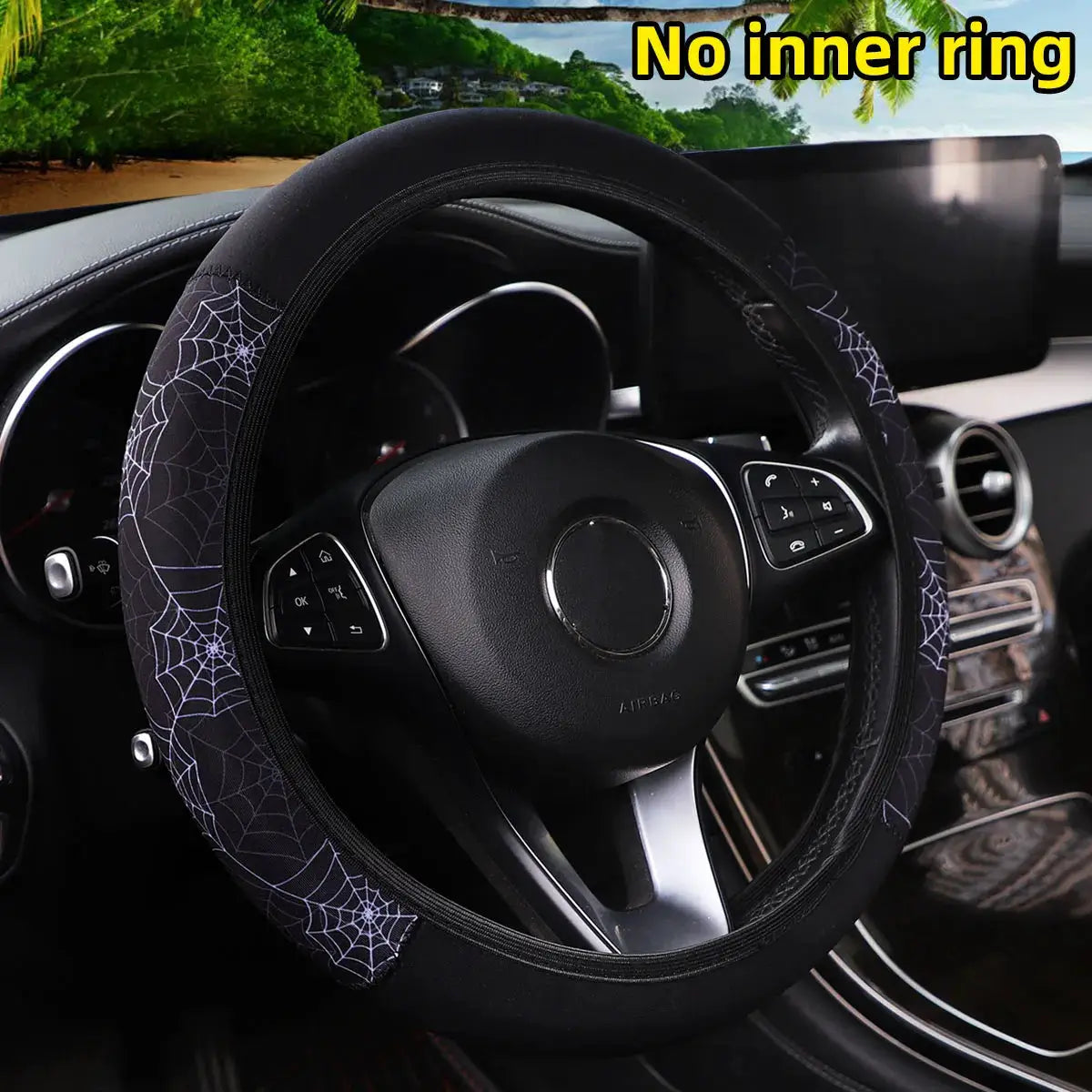 Steering wheel cover 38 cm with cherry blossom chrysanthemum spider-web print on black fabric, no inner ring
