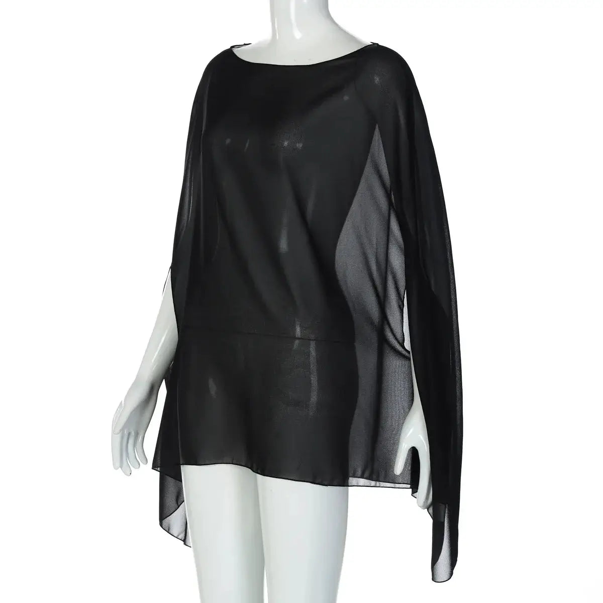 Chiffon blouse, black see-through long-sleeve cover-up with sheer overlay