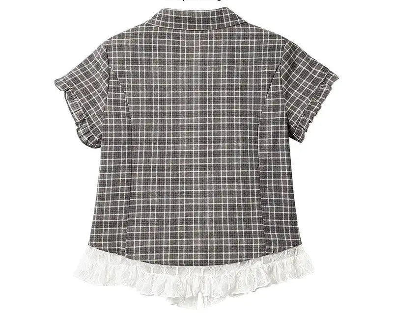 Women's gray plaid lace-patchwork shirt with white lace hem and short ruffle sleeves