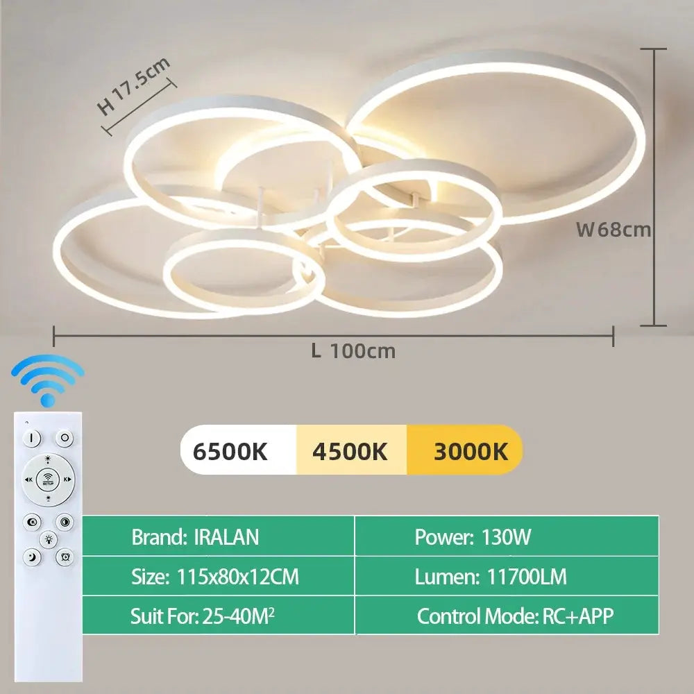 IRALAN modern LED ceiling chandelier with interlocking ring design, remote dimmable, 3000K/4500K/6500K color temps