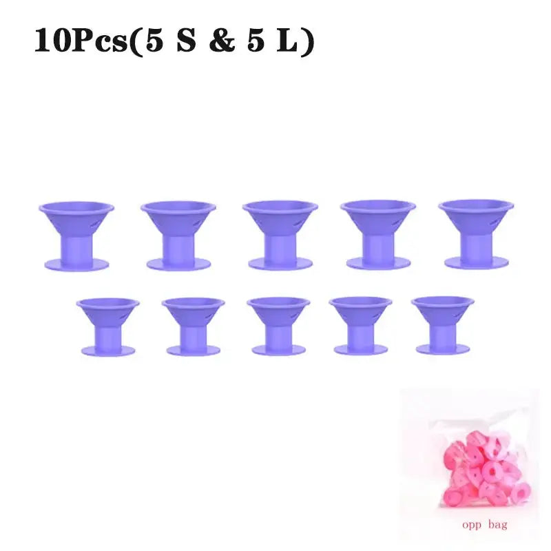 Purple silicone heatless hair curlers, 10 pieces (5 small, 5 large) for DIY styling