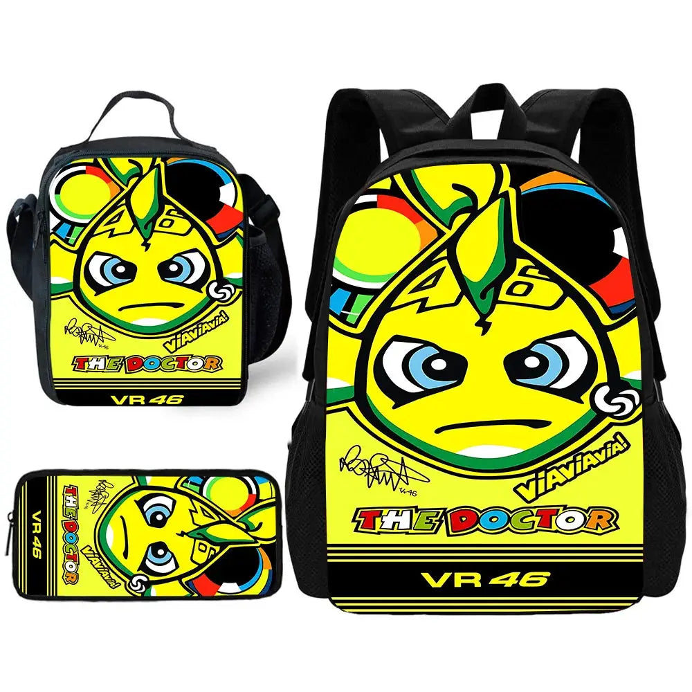 VR46 school bag set for kids: backpack, lunch bag, and pencil case in yellow with Doctor graphics